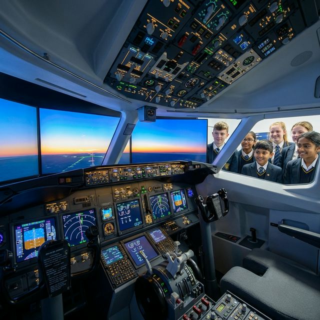 Modern flight simulator cockpit interior
